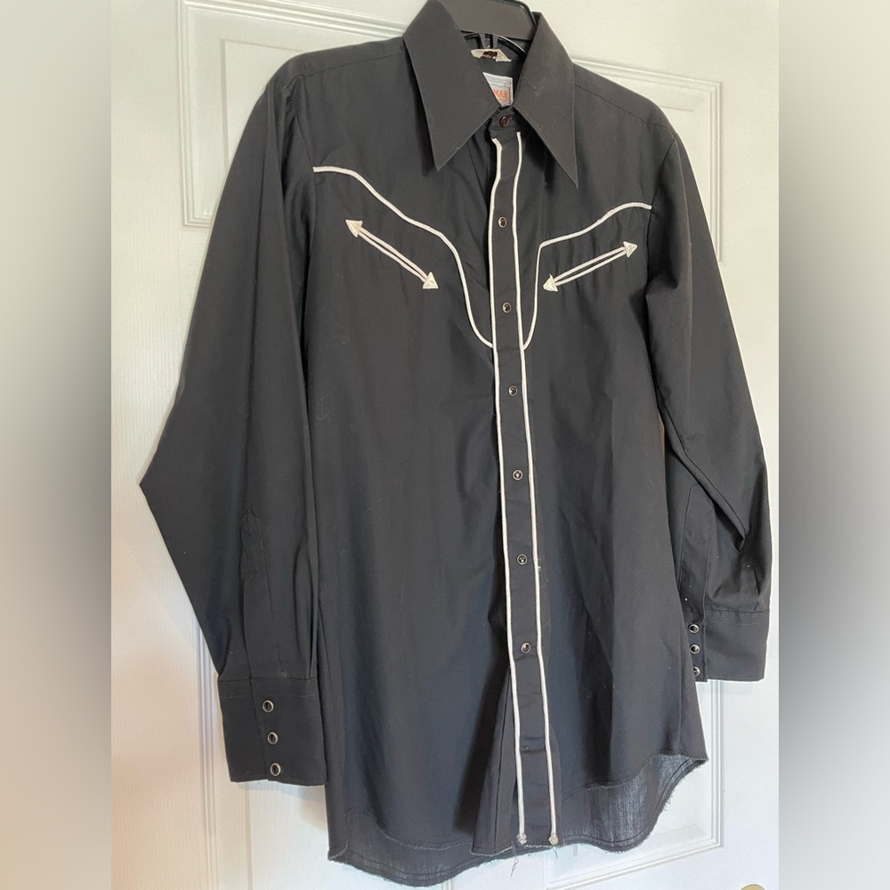 Vtg Karman Western Shirt Mens 15 1/2 33 Black Pearl Snap Long Tail White Details